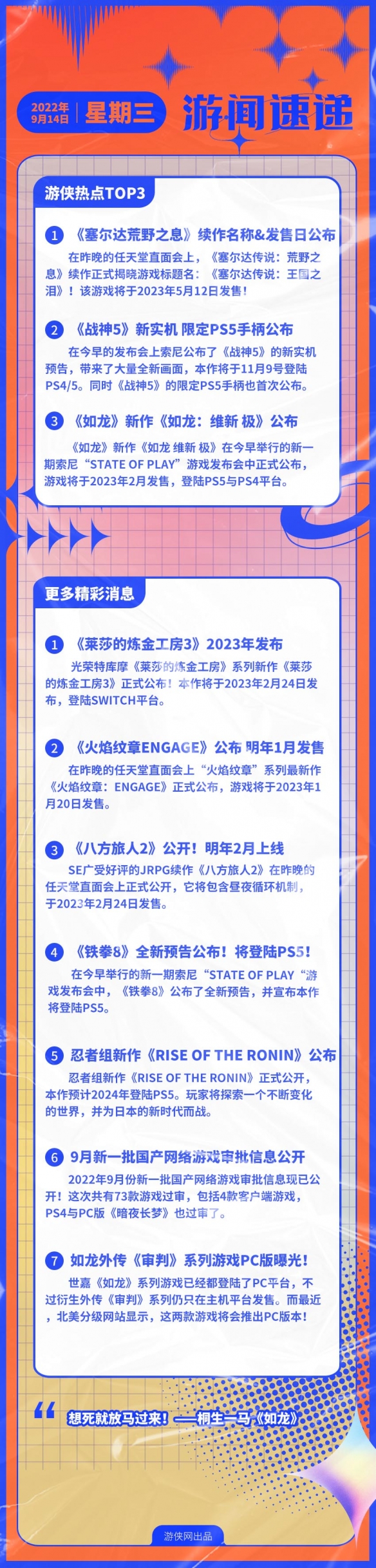 游侠早报：任天堂&索尼发布会看点 审判系列PC版曝光