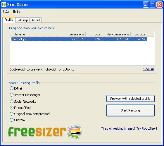 傻瓜型图片尺寸压缩工具(FreeSizer) 1.0绿色版软件截图（1）