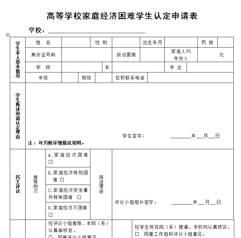 大学贫困生助学金申请表模板软件截图（1）